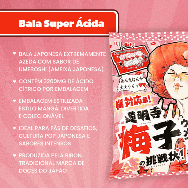 Bala Super Ácida Ribon Japonesa 55g doce importado bala japonesa sabor ameixa umeboshi extrema acidez desafio bala divertida candy Japão - Imagem 3